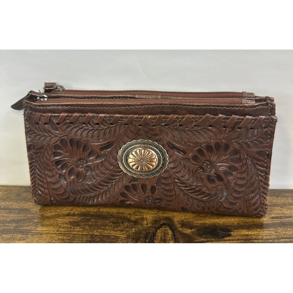 American West Tooled Genuine Leather Wallet Bi-Fold Brown Western Cowgirl